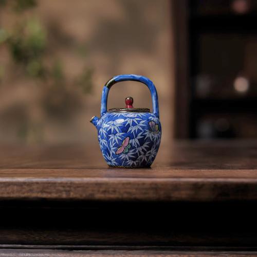 婵韵华隐堂斗彩玫瑰红竹子蝴蝶茶壶提梁壶手绘复古家用茶具泡茶壶